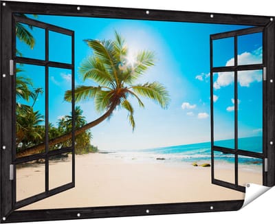 Gards Tuinposter Doorkijk Tropisch Strand en Zee in Sri Lanka - 180x120 cm - Tuindoek - Tuindecoratie - Wanddecoratie buiten - Tuinschilderij