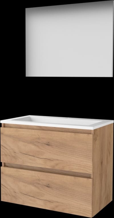 Basic-Line Basic 46 Badkamermeubelset - 80 x 46 cm - Greeploos - 2 Lades - Acryl Wastafel - 1 Kraangat - Spiegel - Whisky Oak