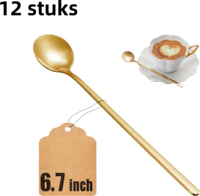 12 stuks - Lepels - Roestvrijstalen lepels met lange steel - Geschikt voor koffie, honing, desserts - Ideaal cadeau - 17 cm - Goud