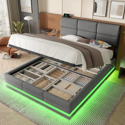 MEUNIQ bedframe 140x200 cm met verstelbaar hoofdeinde, LED-verlichting, USB en Type-C, hydraulische opbergruimte, grijs gestoffeerd bed voor slaapkamer