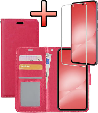 Hoesje - Met Screenprotector - Geschikt voor Samsung Galaxy A56 - Luxe Pasjeshouder - Bookcase Portemonee - Flip Case - Kunstleer Book Case - Flipcase - Book Cover - Walletcase - Portemonneehoes - Donkerroze