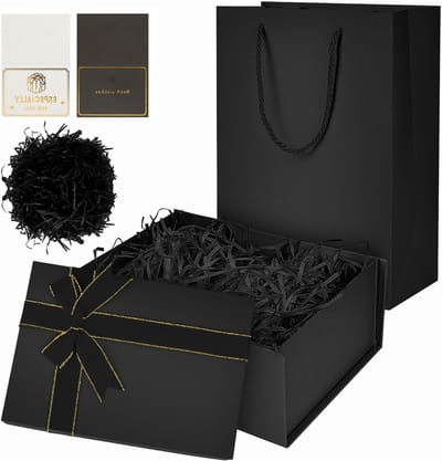 Dailygoods - Geschenkdoos met deksel 22,5×16×8,5 cm Opvouwbare zwarte geschenkdoos met strik en geschenkzak Geschenkverpakkingsset met wenskaart en vulmateriaal voor verjaardag, bruiloft, kerstmis, jubileum