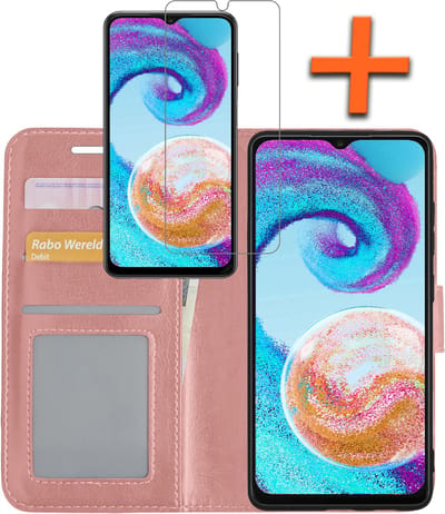 Hoes - Met Screenprotector - Geschikt voor Samsung Galaxy A04s - Luxe Pasjeshouder - Bookcase Portemonee - Flip Case - Kunstleer Book Case - Flipcase - Book Cover - Walletcase - PortemonneeHoes - Rosé goud