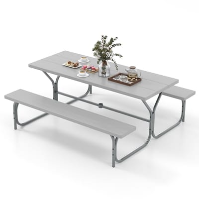 COSTWAY Biertentgarnituur, 183 cm, biertafelset met weerbestendig HDPE-tafelblad en parasolgat, biertafel met 2 banken, feesttentgarnituur, zitgarnituur voor 6-8 personen voor tuin, grijs