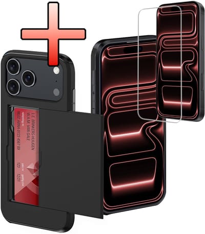 Hoes Geschikt voor iPhone 17 Pro Hoesje Pasjeshouder Hard Cover Met Screenprotector Shock Proof Hard Case Hoes Met Kaarthouder - Zwart