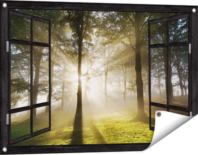 Gards Tuinposter Doorkijk Zon tussen de Bomen - 90x60 cm - Tuindoek - Tuindecoratie - Wanddecoratie buiten - Tuinschilderij