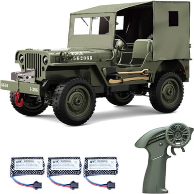 Voiture télécommandée, véhicule tout-terrain Rock Crawler 2,4 GHz 4 roues motrices avec lumières et housse en toile, 1:10 Tous 3 Battery vert d’armée