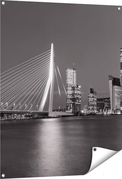 Gards Tuinposter Rotterdamse Skyline - Zwart Wit - 80x100 cm - Tuindoek - Tuindecoratie - Wanddecoratie buiten - Tuinschilderij