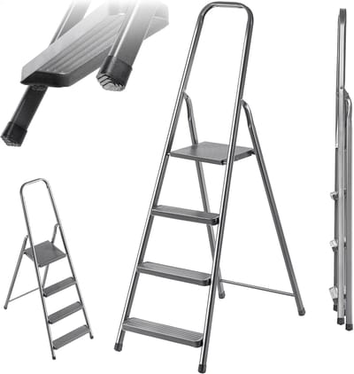Inklapbare trapladder met 4 treden, antislipvoeten, en stevige ondersteuning voor huishouden en tuin