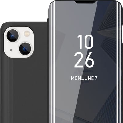 Cadorabo Hoesje geschikt voor Apple iPhone 14 in TOERMALIJN ZWART - Clear View Spiegel Beschermende Case met Tribunefunctie 360 Graden Bescherming Book Case Cover Etui