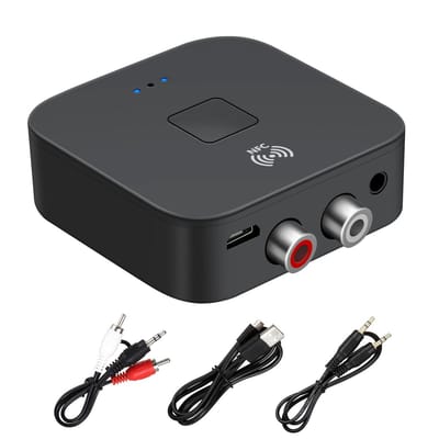 Bluetooth 5.0 Muziekontvanger met NFC – Draadloze Audio Adapter met 3.5mm & RCA Aansluiting, 10m Bereik, Ruisonderdrukking – Voor Auto & Thuis Speakers