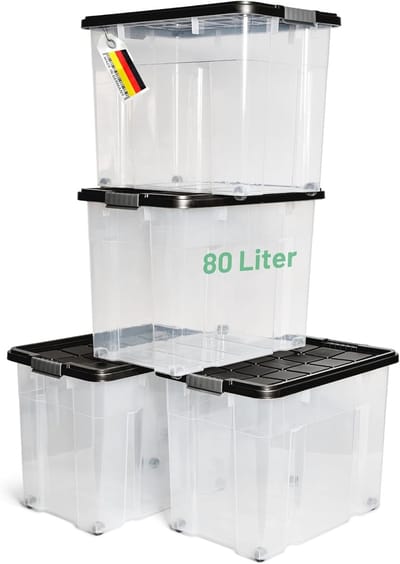Novaliv 4x opbergdozen met deksel, groot, 80L, antraciet, nestbaar, stapelbaar met clipsluiting, rolboxen, kunststof, BPA-vrij, 61x40x45 cm