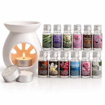 EasyMart Geurbrander & Oliebrander – Keramische Aromabrander – Geurolie Set met 12 Geuroliën & 2 Waxinelichtjes – Huisparfum Cadeauset – Kerstcadeau