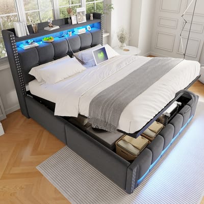 Sweiko Tweepersoonsbed - 140*200 cm - Met LED-verlichting + USB-aansluiting - Hydraulische opbergruimte - Linnen stof - Grijs