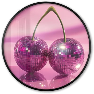 Poster in lijst Rond - Fotolijst 60x60 cm - Posters - Glitter - Discobol - Roze - Kersen - Ronde posterlijst zwart - Decoratie - Wanddecoratie woonkamer - Muurdecoratie slaapkamer