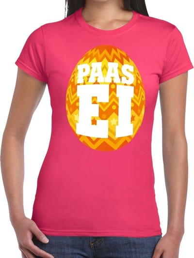 Roze Paas t-shirt met oranje paasei - Pasen shirt voor dames - Pasen kleding S