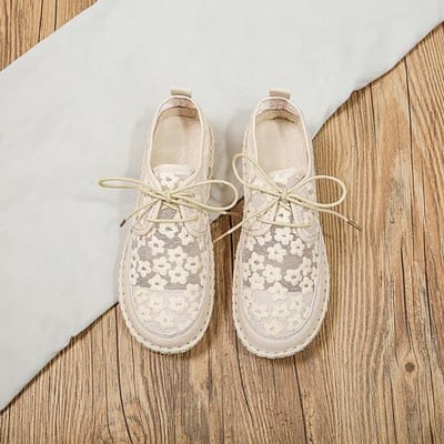 Mode Lente Zomer Geborduurd Mesh Casual Ademend Uitgesneden Vetersluiting Effen Bedekte Hak Ondiep Platte Mesh Schoenen 39 abrikoos