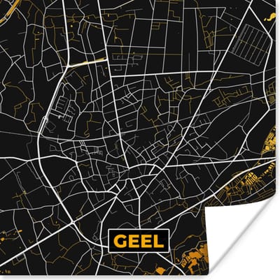 Poster Stadskaart - Geel - Kaart - Plattegrond - Goud - 100x100 cm XXL
