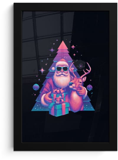 Poster in lijst - Fotolijst 20x30 cm - Posters - Retro - Kerstman - Rendieren - Kerstboom - Posterlijst zwart - Decoratie - Wanddecoratie woonkamer - Muurdecoratie slaapkamer - Kerstversiering - Kerstdecoratie voor binnen - Kerstmis