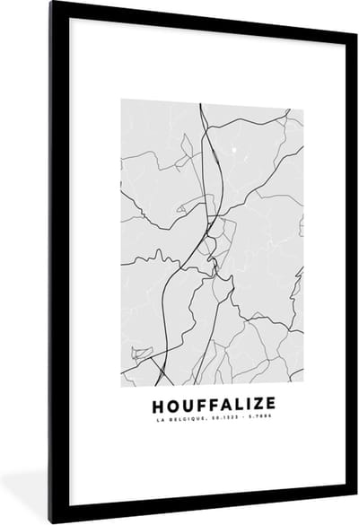 Fotolijst incl. Poster Zwart Wit- Zwart Wit – België – Plattegrond – Stadskaart – Kaart – Houffalize - 80x120 cm - Posterlijst
