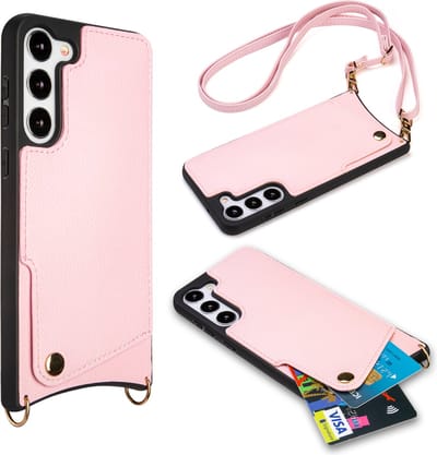 Casemania Hoesje Geschikt voor Samsung Galaxy S23 Plus - Back Cover met Draagkoord - Pasjeshouder Hoes met Bandje - Crossbody Telefoonhoesje - Lanyard Case - Roze