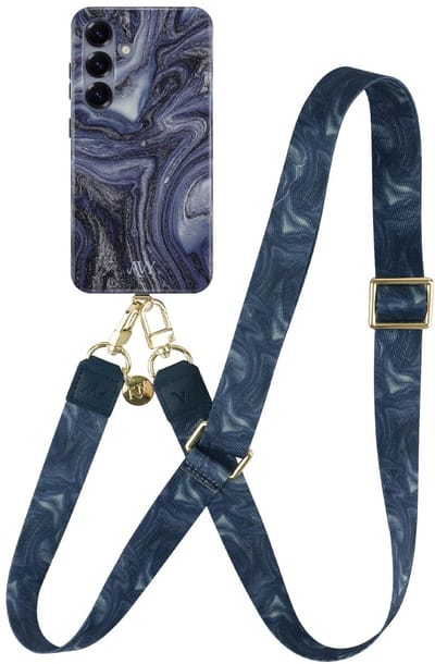 AVY Hoesje Met Telefoonkoord | Geschikt voor Samsung Galaxy S25 | Compatibel met MagSafe | Hard Shell Back Cover | Stijlvol Bijpassend Koord 130CM | Obscura Blue | Blauw