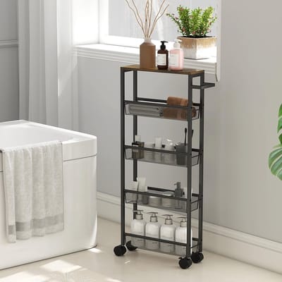 Pugsdrly Keukentrolley/serveertrolley met 5 niveaus, verrijdbare keukentrolley met werkblad, wieltjes, handgreep, 47 x 13 x 96,5 cm, zwart