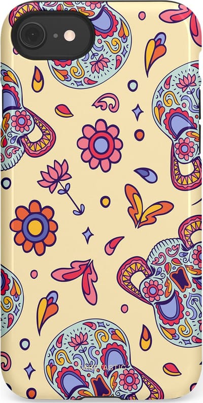 Casetastic hoesje geschikt voor Apple iPhone SE / Apple iPhone 7 / Apple iPhone 8 - Dubbellaagse bescherming - Dia de los Muertos Doodshoofd Bloemen - Fashion Case - Crème Lila Zilver