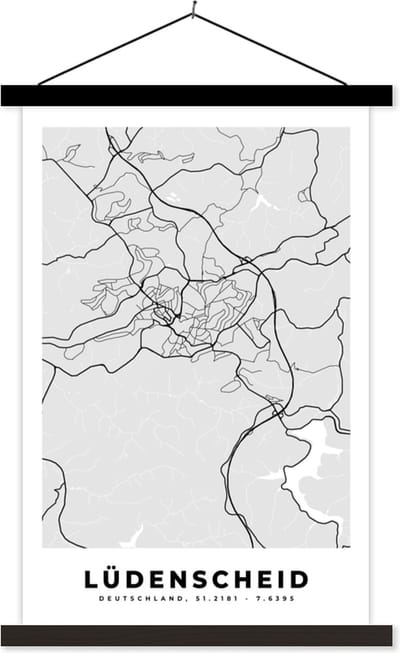 Posterhanger incl. Poster 40x60 cm - Schoolplaat - Plattegrond - Kaart - Duitsland - Lüdenscheid - Stadskaart - Textielposter - Zwarte latten - Stadskaart