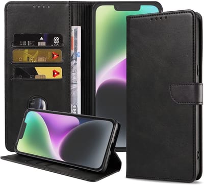 Geschikt voor iPhone 14 Plus Telefoonhoesje Kunstleer met Magnetisch lipje en Pasjeshouder Book Case met Klepje - Zwart - Smartphonica geschikt voor iPhone 14 Plus