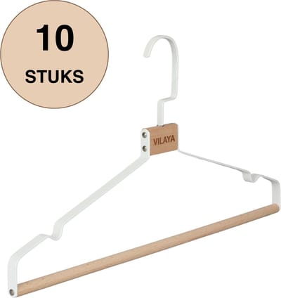 VILAYA LUXE Kledinghangers - 10 Stuks - Metaal - Hout - Premium - Sterk - Draaibare haak - Kleerhangers - Broekhangers - Wit