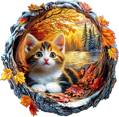 Houten Puzzel - Unieke Legpuzzel - Ontspanning Thuis - Cirkelvormig Design - 280 Stukjes - Kittens Herfst