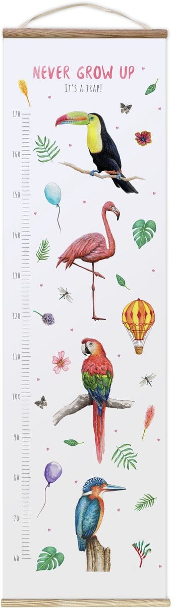 World of Mies - Groeimeter Never grow up - vogels roze - textielposter - kinderkamer