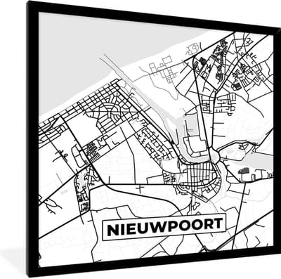 Fotolijst incl. Poster Zwart Wit- Stadskaart – Zwart Wit - Kaart – Nieuwpoort – België – Plattegrond - 40x40 cm - Posterlijst