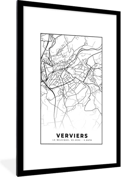 Fotolijst incl. Poster Zwart Wit- België – Verviers – Stadskaart – Kaart – Zwart Wit – Plattegrond - 60x90 cm - Posterlijst