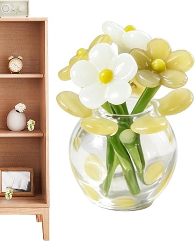 Glazen bloemen boeket - Decoratie object - Woonkamer decoreren - Inclusief vaas - 6 x 5 x 6 cm - Geel