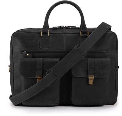 DE LAMASSU® ( Kian ) leren laptoptas 17 inch – unisex XL business tas met trolleyband, 2 voorvakken & schouderriem – grote leren aktetas voor kantoor, werk en reizen