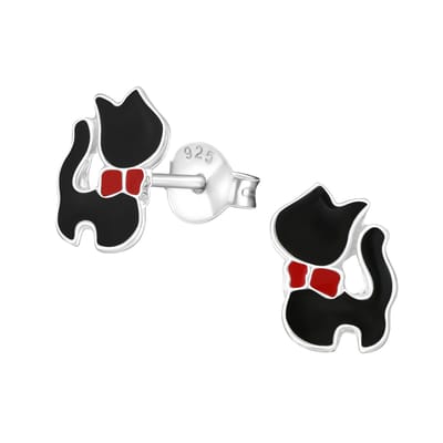 Zilveren kinderoorbellen katje zwart met rood strikje | Oorknopjes Meisje Zilver | Zilverana | Sterling 925 Silver
