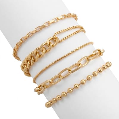 Set van 5 goudkleurige armbanden voor dames met diverse schakels en structuren – minimalistische dames armbanden set