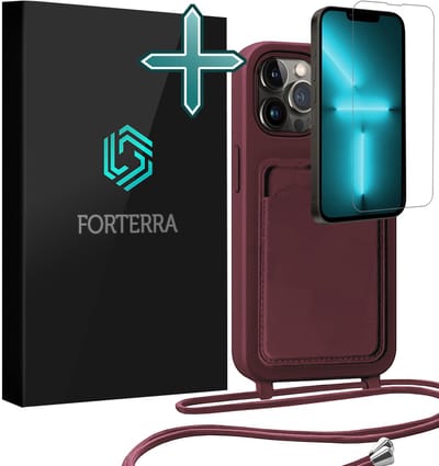 Hoesje Geschikt voor iPhone 13 Pro Pashouder Case Siliconen Hoes Met Koord Met Screenprotector - Hoes Geschikt voor iPhone 13 Pro Met Telefoonkoord Hoesje Back Cover Met Pasjeshouder - Aubergine