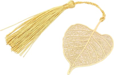 Gouden metalen boekenlegger met bladdesign en franjes, perfect als cadeau voor boekenliefhebbers, schrijvers en lezers, 7,8 x 5,2 cm