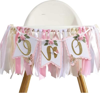 Hoogstoel Banner met Rozen en Vlinders voor Meisjes - Verjaardagsdecoratie voor Eerste Verjaardag, Feestversiering en Babyshower