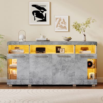 Pugsdrly 140*40*70cm cementkleurige bijzettafel, glanzend bijzetmeubel voor woonkamer met LED-verlichting, groot dressoir, bijzetmeubel van gehard glas met 3 vakken
