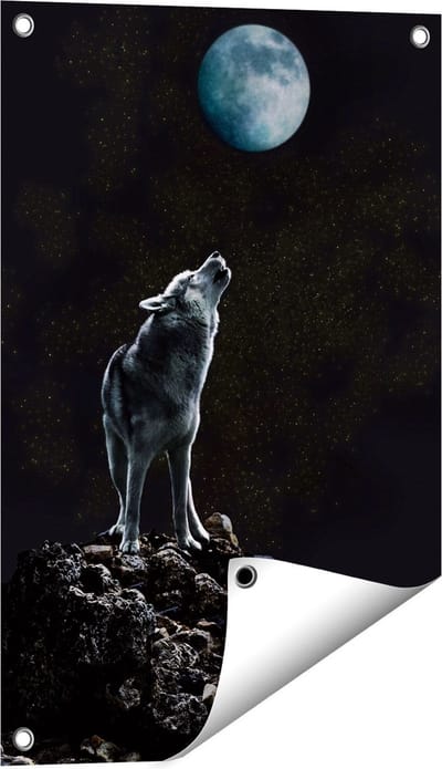 Gards Tuinposter Wolf Huilt naar de Volle Maan - 40x60 cm - Tuindoek - Tuindecoratie - Wanddecoratie buiten - Tuinschilderij
