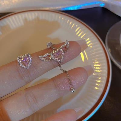 Jwer Harten Vleugels Oorbel Voor Vrouwen Roze Strass Set Lange Hart Hanger Oorbel Trend Zilverkleur Koppels Feest Cadeau Sieraden gray