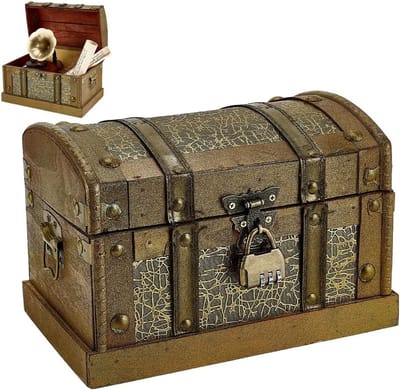 Vintage houten schatkist voor decoratie en opslag, retro opbergdoos met scharnierdeksel, ideaal voor sieraden en Halloween versiering, 9,4 x 6,3 x 6,3 inch