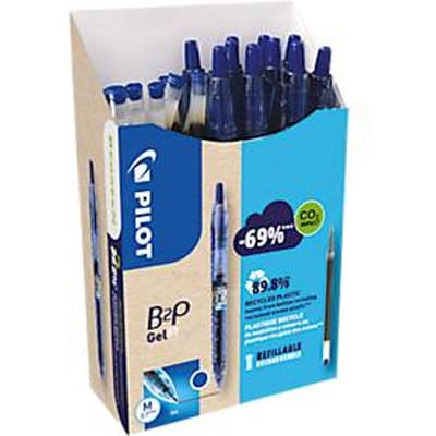 Gelpen PILOT Bottle 2 Pen BeGreen, blauw, lijndikte 0,4 mm, documentbestendig, navulbaar, 89% gerecycled materiaal, 10 stuks + 10 navullingen blauw