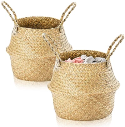 Manden, kleine wasmand, manden voor planken, opvouwbare rotan opbergdoos, rieten mand met handvat, rieten plantenpot voor woonkamer, slaapkamer, badkamer (XL 30 x 35)
