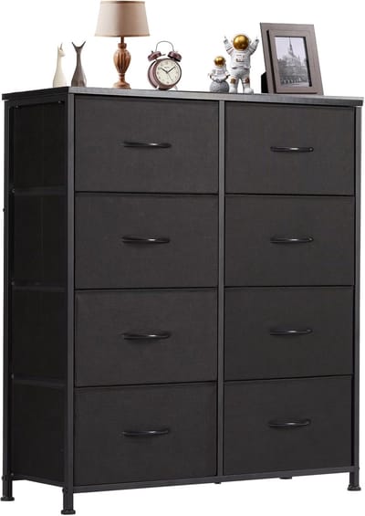 Ladekast voor slaapkamer met 8 stoffen laden, hoge ladekast organizer voor kleding, kast kinderkamer, opbergtoren met kast, metalen frame, houten blad, lichtgewicht kinderkamermeubilair HMTM-SC-8D-ZWART