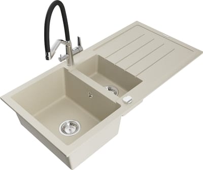 Mexen Andres granieten gootsteen 1,5-bak met afdruiprek en keukenmengkraan Duo, beige - 6515-69-671701-07